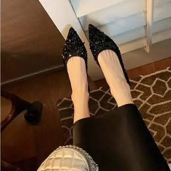 Вариант из овчины~ Изящные сверкающие пайетки с маленьким острым носком, легкая мягкая подошва с бантом, женские осенние кожаные туфли на плоской подошве 35