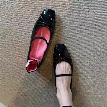 Вариант из овчины! Красные туфли Мэри Джейн, женские из лакированной кожи, с балетным бантом, ретро одинарные туфли на плоской подошве. 35 чёрный
