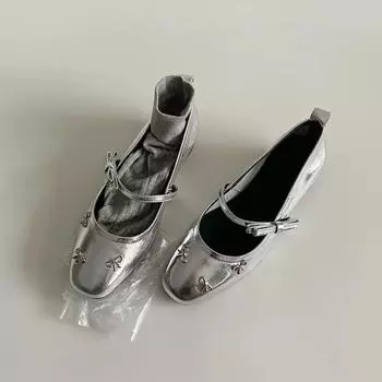 Вариант из овчины~ серебристые туфли на плоской подошве женские туфли «Мэри Джейн» с легким французским носком, односложная пряжка с бантом универсальные маленькие кожаные туфли 35