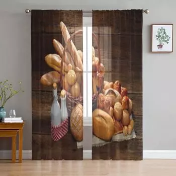 Разнообразие хлеба в плетеной корзине на старых деревянных прозрачных занавесках для гостиной, тюль, занавеска на окно, спальня, кухня, вуаль, шторы 135W x 114H(cm)