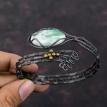Variscite Bangle Copper Wire Wrapped Cuff Bracelet Handmade Gemstone Bangle Copper Jewelry Adjustable Bangle For Gift Wire Wrapped Jewelry