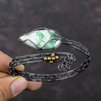 Variscite Bangle Copper Wire Wrapped Gemstone Cuff Bracelet Handmade Variscite Jewelry For Gift Adjustable Bangle Copper Wire Wrap Jewelry