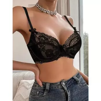 Varsbaby кружевной прозрачный сексуальный бюстгальтер без подкладок на косточках S чёрный