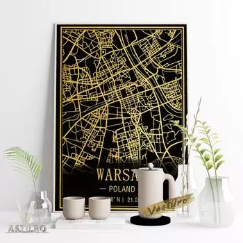 Варшава, Польша, темный фон, рисование линий, плакат, туристическая карта городов мира, креативная печать, настенная картина 21cm30cm NoFrame