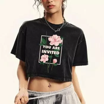Вас приглашают Футболки с принтом розовых цветов, женские хлопковые топы, одежда, ретро хлопок, лето, короткий рукав M