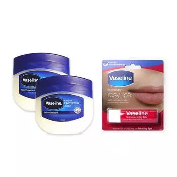 Vaseline Original Pure Skin Jelly 50 мл x 2 + Vaseline Lip Therapy Stick Rosy Lips Lip Balm, 3 шт.