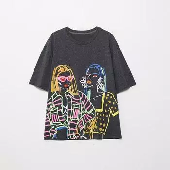 Ваша осенняя новинка в европейском и американском стиле с принтом, выстиранная, с коротким рукавом Grey S