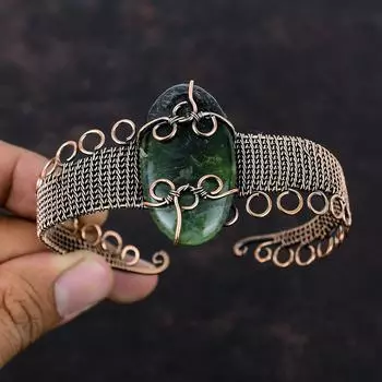 Браслет-манжета из васонита, браслет-манжета, обмотанный медной проволокой, регулируемый браслет-манжета, браслет с натуральным драгоценным камнем, ювелирное изделие из медной проволоки ручной работы, подарок для нее