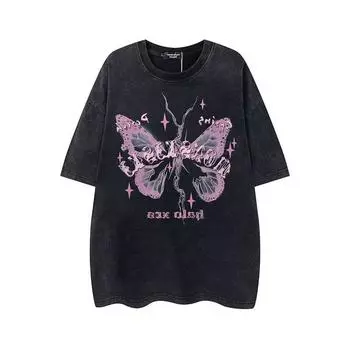 VAYLA Американский Дизайн Нишевый Принт Бабочки Чистый Хлопок Короткий Рукав Женский Летний Новый Стиль Выстиранный и Потертый Топ с Рукавом Три Четверти S чёрный