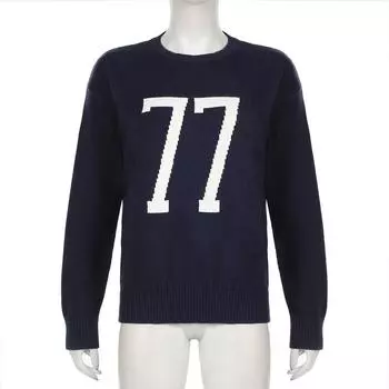 VAYLA Color Blocking Digital Print round Neck Pullover Sweater Loose Fit Casual Versatile Slimming Knitwear M синий