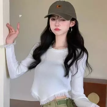 VAYLA Футболка с кисточками в корейском стиле однотонный кроп-топ с длинным рукавом приталенная модная футболка женская с круглым вырезом одежда японская S белый