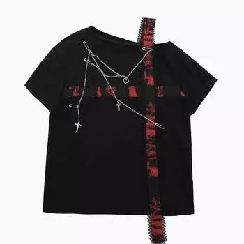 VAYLA Футболки Харадзюку Женские Топ Футболка с Крестом и Цепью Свободная С Открытыми Плечами Модные Футболки Пэчворк Y2k Эстетика Гранж Футболка S чёрный