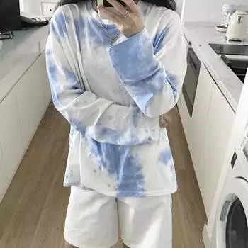 VAYLA Футболки с длинным рукавом Инс Шик Тай-дай Харадзюку Милые Повседневные Все-сочетающиеся Новые Подростковые Топы Футболки Ретро Свободные Модные Преппи Футболки для Девочек S синий