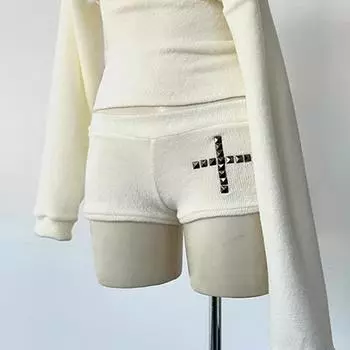 VAYLA Готическая эстетика Женский топ с длинным рукавом и вырезом лодочкой Сексуальный облегающий шикарный Декорация крестом Шорты Y2K Харадзюку Эмо Девушки Уличная одежда Наряд S