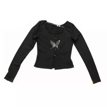 VAYLA Готическая футболка с принтом бабочки Гранж Фэйрикор Вырезы Кроп-топы Японский Харадзюку Приталенная футболка Y2k Эстетика Дарк S чёрный