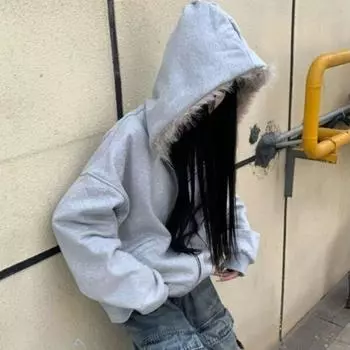 VAYLA Харадзюку Повседневные Толстовки с Капюшоном с Меховыми Вставками Женские Y2k Эстетика Свободные с Карманом Уличная Одежда Пальто Гранж Осенние Толстовки M серый