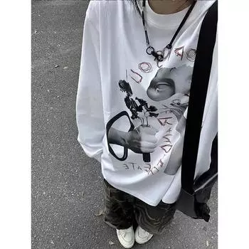 VAYLA High Street Оверсайз Женские Футболки Белый Винтаж Длинный Рукав Буквы Ручная Роспись Футболки Хип-хоп Гранж Топы Y2k Футболки Американский S белый