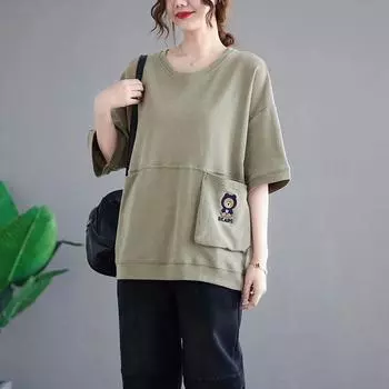 VAYLA Хлопковые футболки Женская мода Вышивка Буква Футболка Повседневные Свободные С коротким рукавом Оверсайз Топы Летний Тренд Футболка Y2k Одежда L зелёный