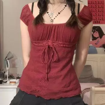 VAYLA Элегантная женская футболка с квадратным вырезом, милым бантом, коротким рукавом, пуловеры, футболки, Y2K винтаж, фейри-гранж, женский кроп-топ, ретро одежда S красный