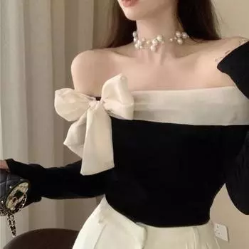 VAYLA Кокетливые черные футболки с открытыми плечами для женщин, корейский стиль, шикарные футболки с бантом и длинными рукавами, милые, сексуальные, лоскутные, облегающие топы S чёрный