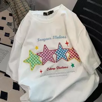 VAYLA Летние Преппи Свободные Y2k Эстетика Футболки Мода Ин Милые Футболки с Принтом Звезд и Букв Женская Повседневная Футболка на Все Случаи Жизни Корейская M белый