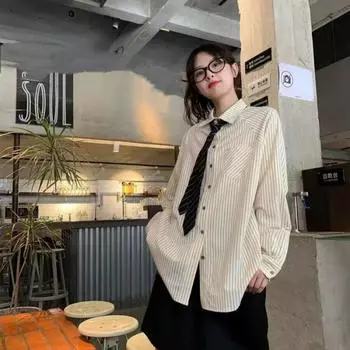VAYLA Модная полосатая рубашка Элегантные женские блузки с длинным рукавом Подарок Галстук Топы оверсайз для женщин Летняя блузка S бежевый