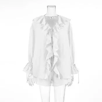 VAYLA Новый повседневный комплект из двух предметов: женский топ с оборками свободного кроя на завязках и простой комплект шорт для офисной леди S белый