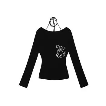 VAYLA Облегающая Сексуальная Черная Футболка с Открытыми Плечами Женская Y2k Винтажная Футболка с Длинным Рукавом Femme Slim Streetwear Женские Топы-Халтер Шик S чёрный