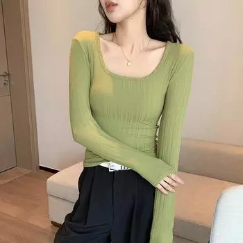 VAYLA Однотонные футболки Женские Футболка с круглым вырезом и длинным рукавом в корейском стиле, на каждый день, приталенная, с подчеркнутой талией, простая, модная, минималистичная, удобная посадка M зелёный