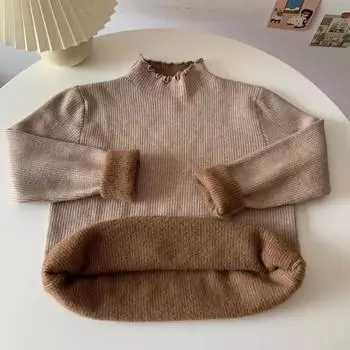 VAYLA Осень Зима Женский Свитер с Воланами и Воротником-стойкой Утепленный Флисовый Теплый Термо Пуловер для Женщин Кашемировый Свитер S хаки