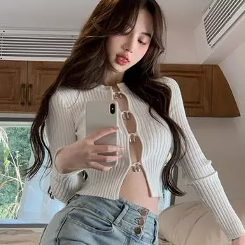 VAYLA Осенний Корейский Сладкий Лоскутный Однотонный Кардиган с Круглым Вырезом и Длинным Рукавом Женская Мода Сексуальные Пуговицы Ажурная Вязка Топ Футболка S белый