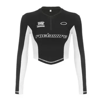 VAYLA Повседневная футболка Y2K на молнии Женская Стойка-воротник Длинный рукав Кроп-топы Приталенные Футболки с графикой Женская 90-е Винтажная одежда Базовые футболки S белый