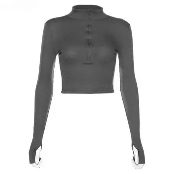 VAYLA Повседневная одежда Y2k Кроп-топ с длинным рукавом Женская корейская мода В рубчик Вязаный На молнии Футболки Винтажный стритвир Топы Футболки S серый