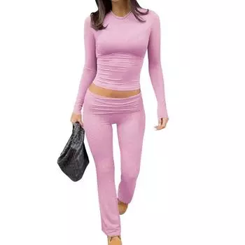 VAYLA Повседневные костюмы из двух частей для тренировок с длинным рукавом, с высокой талией, отворотом, расклешенными леггинсами, спортивные костюмы, уличная одежда S розовый