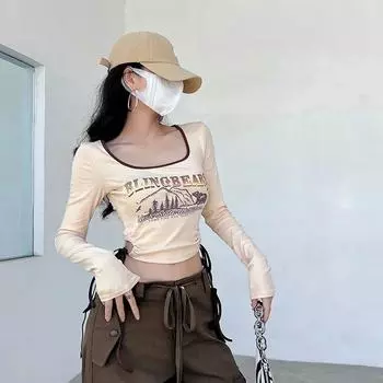 VAYLA Принт Футболки с длинным рукавом Женские Туника с длинным рукавом Летние футболки Кроп-топы Бандаж Мода Сексуальные Футболки Y2k S абрикосовый