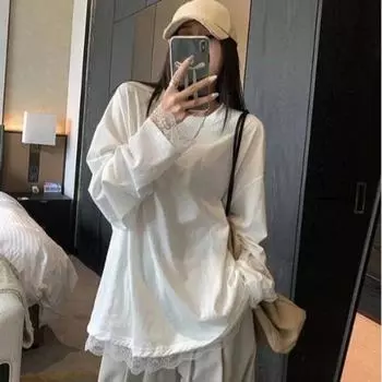 VAYLA Простые кружевные лоскутные свободные футболки Весна Осень Новые с длинным рукавом Уличные однотонные топы Мода Харадзюку Женская одежда M белый