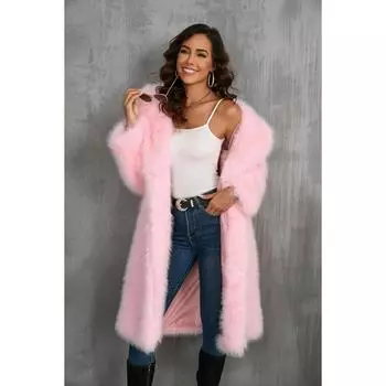 VAYLA Роскошная пушистая шуба Зимняя женская с меховым воротником Теплая длинная куртка из искусственного меха Меховой лацкан Уличная одежда Кардиган Толстый карман Верхняя одежда S розовый