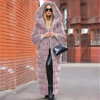 VAYLA Роскошное длинное пальто из искусственного меха с капюшоном, зимняя меховая куртка, женский меховой халат, ветрозащитный дизайн, кардиган с длинным рукавом, теплый, толстый, большого размера S розовый