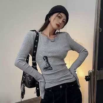 VAYLA Рубашка в рубчик в стиле гранж Корейская мода Шикарный принт Футболка с длинным рукавом K-pop Fairycore Вязаная футболка Харадзюку уличная одежда S серый