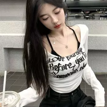 VAYLA Шикарные комплекты из двух частей Футболка Женская одежда Принт букв Квадратный вырез Укороченные футболки Без спины Сексуальный жилет Наряды Костюм Y2k S белый