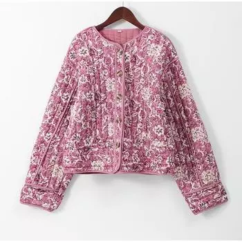 VAYLA Шикарные женские хлопковые куртки с цветочным принтом Элегантные однобортные куртки с воротником-стойкой Повседневные пальто Осень Зима Женская стеганая верхняя одежда S розовый