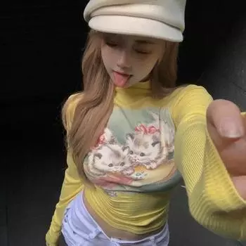 VAYLA Сладкие Сексуальные Кавайные Футболки с Принтом Кошки, Женские Винтажные Короткие Футболки Y2k, Укороченные Топы с Приталенной Талией, Облегающие Желтые Футболки S жёлтый