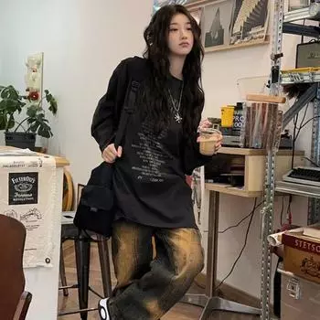 VAYLA Уличная одежда Футболки с принтом букв для женщин Эстетика Y2k Свободные осенние футболки Хип-хоп Повседневные черные топы на все случаи жизни S чёрный
