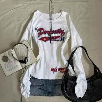 VAYLA Винтажные футболки Y2k для женщин, белые гранжевые графические футболки с длинным рукавом, эстетика 2000-х, уличная одежда в стиле Харадзюку, американский ретро S белый