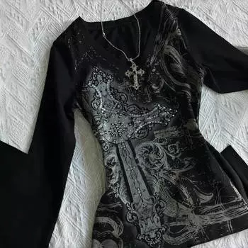 VAYLA Винтажные готические футболки Y2k Черная панк-футболка с графикой Гранж Ретро Сексуальные футболки с V-образным вырезом Хлопковые футболки Aefashion одежда Харадзюку Топ S чёрный