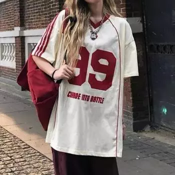 VAYLA Y2K Американский Ретро Сплайсинг Контрастный Цвет Свободный Спортивный Топ Уличная Футболка с V-образным вырезом Хип-хоп Летний Готический Тренд Дизайн Парный M