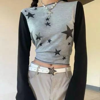 VAYLA Y2k Эстетическая футболка с принтом звезды, с длинным рукавом, весенняя базовая уличная одежда, укороченный топ, облегающая, Харадзюку, контрастного цвета, повседневная футболка S чёрный/серый