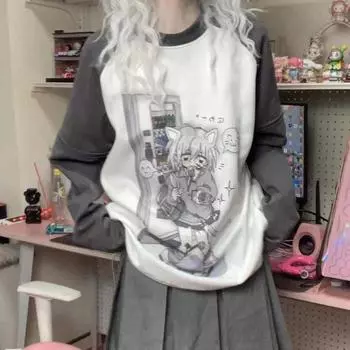 VAYLA Y2k Эстетическая футболка со съемными рукавами Женская Каваий Принт кошки Гранж Топы Японская Харадзюку Футболка Фейрикор E-girl Уличная одежда S темно-серого