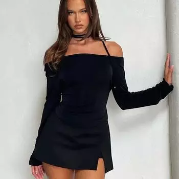 VAYLA Y2K Кроп-топ с открытыми плечами и длинными рукавами для женщин, сексуальный облегающий винтажный розовый, повседневные наряды, уличная одежда, клубный S чёрный