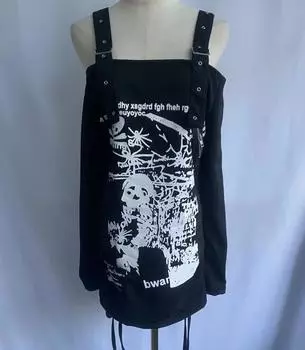 VAYLA Y2k Одежда Мода Панк Футболки для Женщин Сексуальные с Открытым Плечом Футболки с Длинным Рукавом Футболки Японская Туника на Кулиске Женская Футболка M чёрный